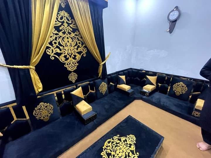 Arabic Majlis Sofa Set with Traditional Cushions and Floor Seating
